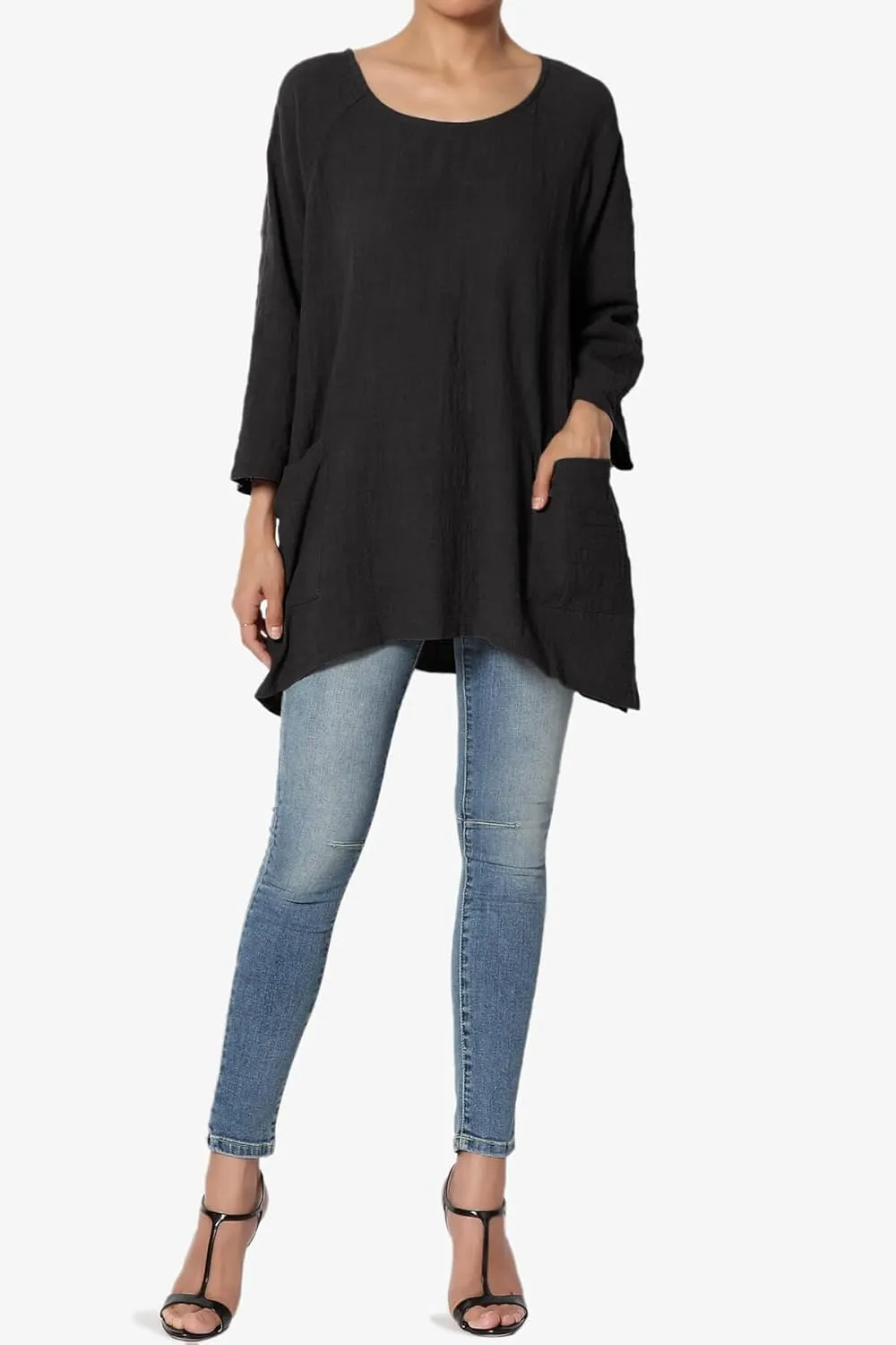 TheMogan Women's Crinkled Gauze Cotton Dual Pocket 3/4 Sleeve Hi Low Loose Fit Top Tunic