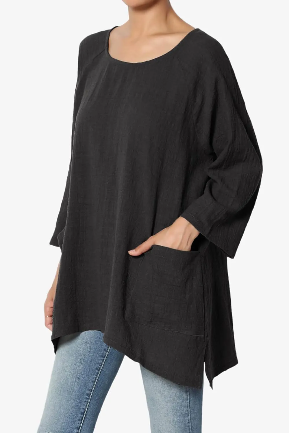 TheMogan Women's Crinkled Gauze Cotton Dual Pocket 3/4 Sleeve Hi Low Loose Fit Top Tunic