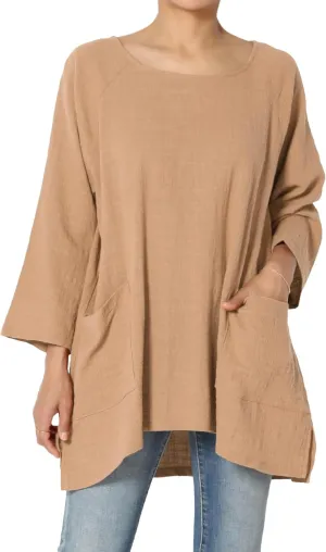 TheMogan Women's Crinkled Gauze Cotton Dual Pocket 3/4 Sleeve Hi Low Loose Fit Top Tunic