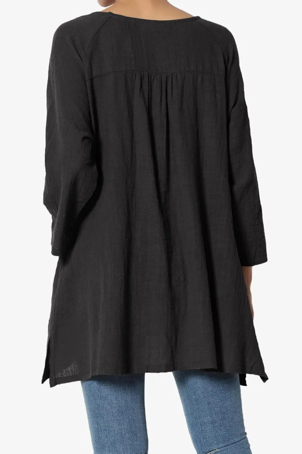 TheMogan Women's Crinkled Gauze Cotton Dual Pocket 3/4 Sleeve Hi Low Loose Fit Top Tunic