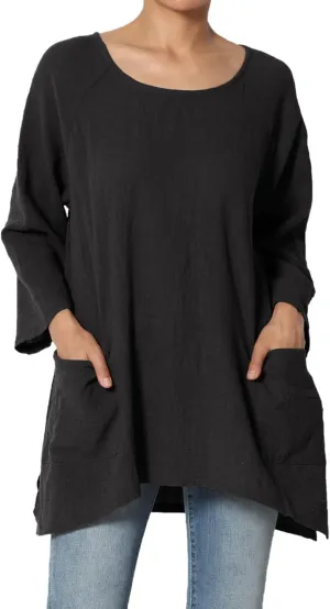 TheMogan Women's Crinkled Gauze Cotton Dual Pocket 3/4 Sleeve Hi Low Loose Fit Top Tunic