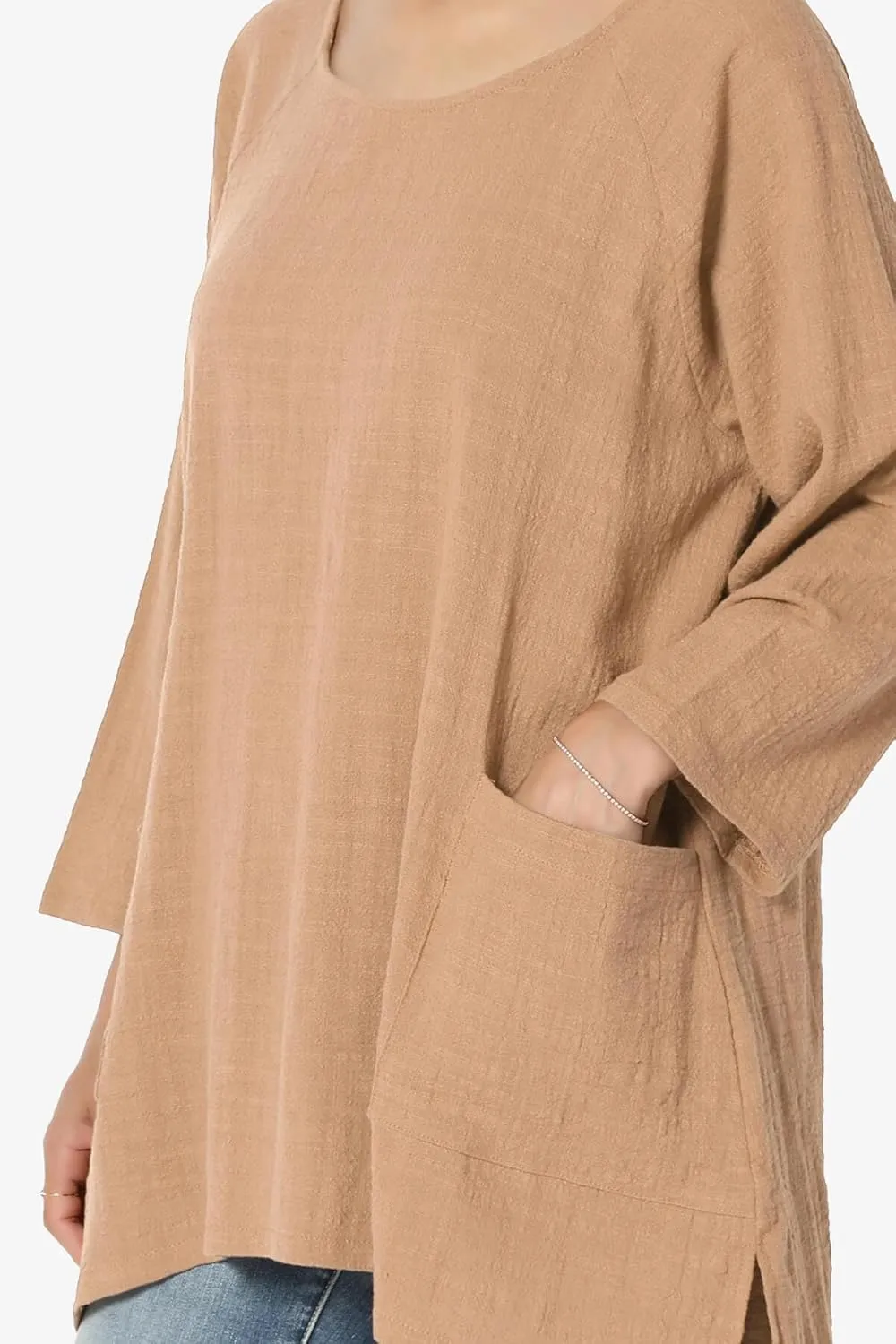 TheMogan Women's Crinkled Gauze Cotton Dual Pocket 3/4 Sleeve Hi Low Loose Fit Top Tunic
