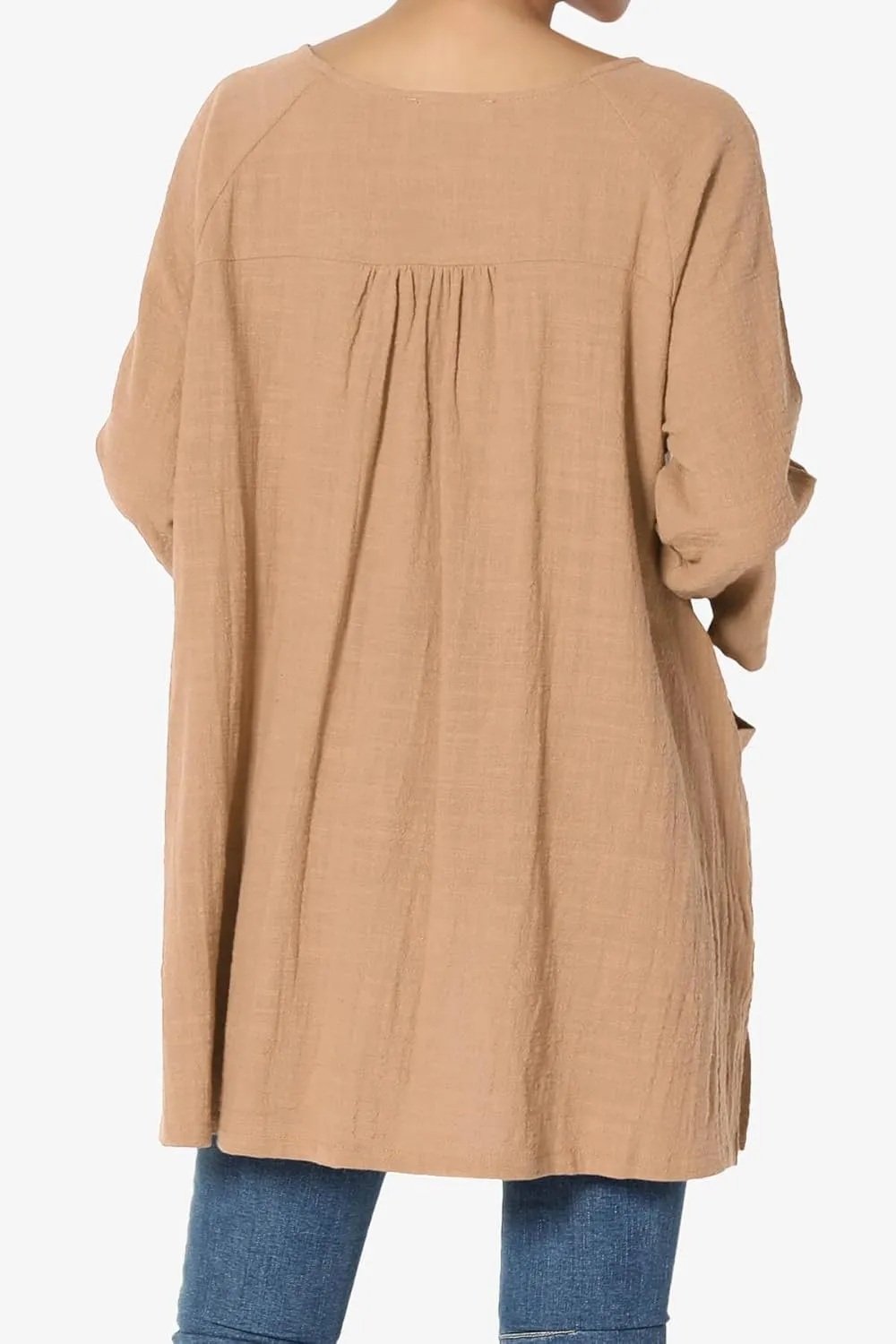 TheMogan Women's Crinkled Gauze Cotton Dual Pocket 3/4 Sleeve Hi Low Loose Fit Top Tunic