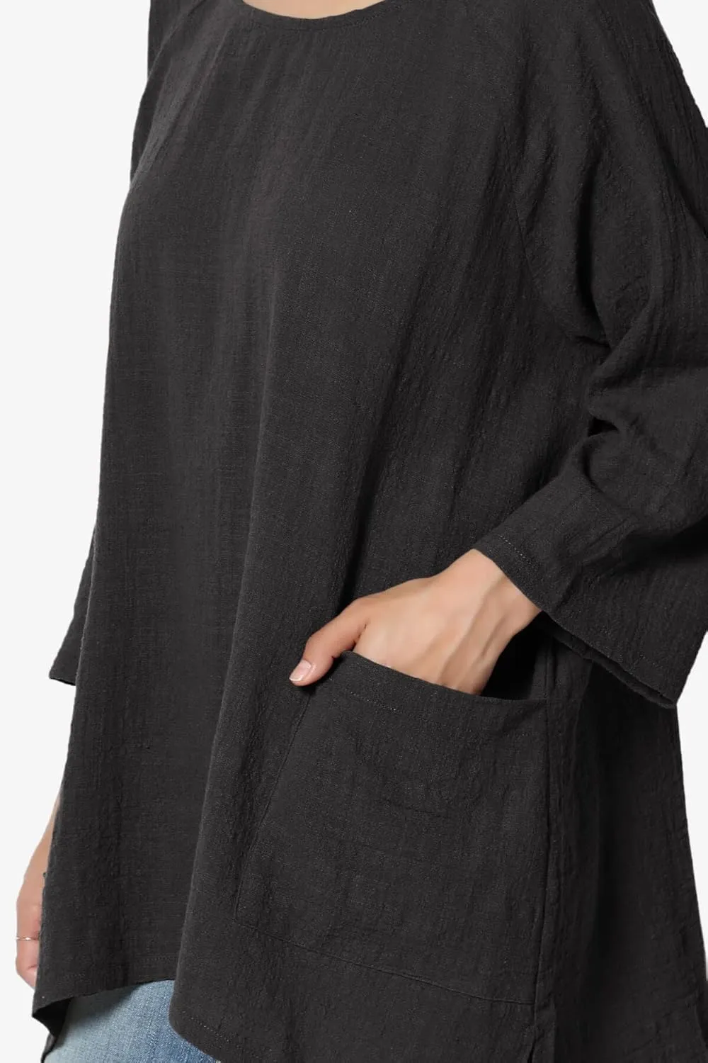 TheMogan Women's Crinkled Gauze Cotton Dual Pocket 3/4 Sleeve Hi Low Loose Fit Top Tunic