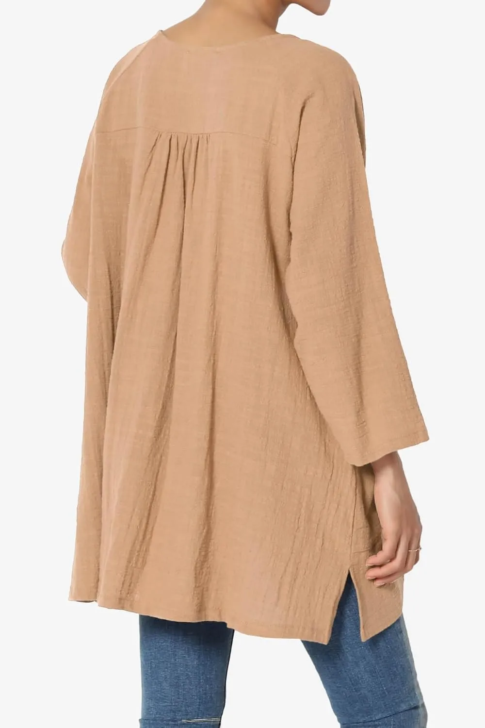 TheMogan Women's Crinkled Gauze Cotton Dual Pocket 3/4 Sleeve Hi Low Loose Fit Top Tunic