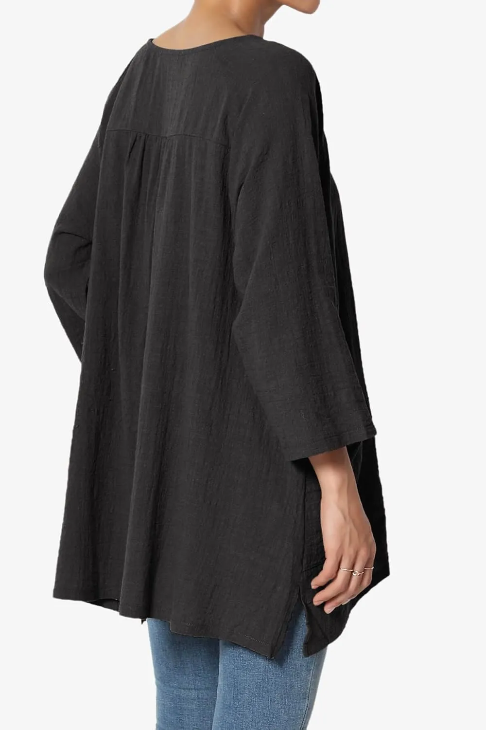 TheMogan Women's Crinkled Gauze Cotton Dual Pocket 3/4 Sleeve Hi Low Loose Fit Top Tunic