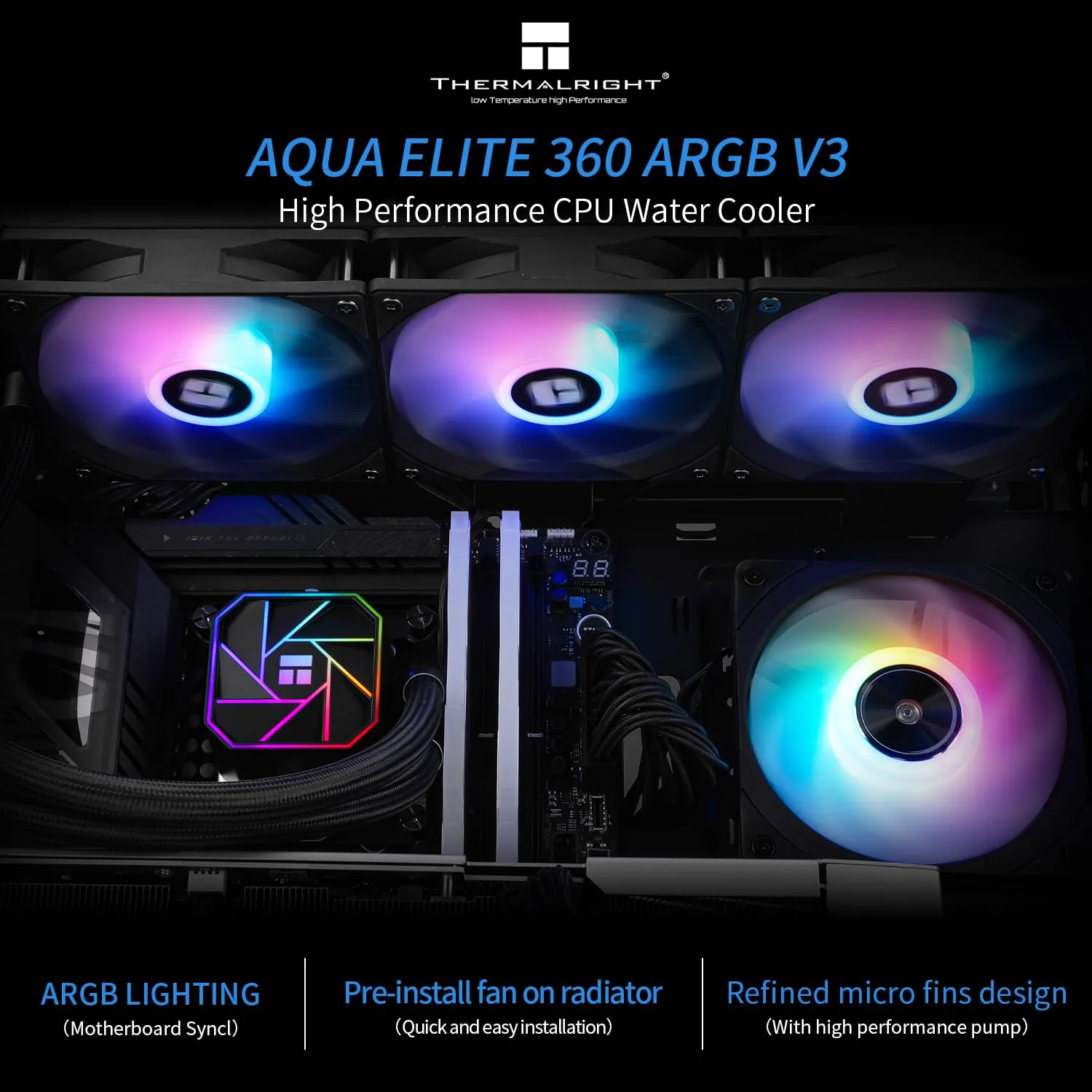 THERMALRIGHT Aqua Elite 360 V3 Aio Water Cooler, 360 Liquid Cooling Radiator, ARGB PWM Cooling Fan for Intel LGA1150/1151/1155/1156/1200/2011/1700, AMD: AM4/AM5, PC Cooler Ai