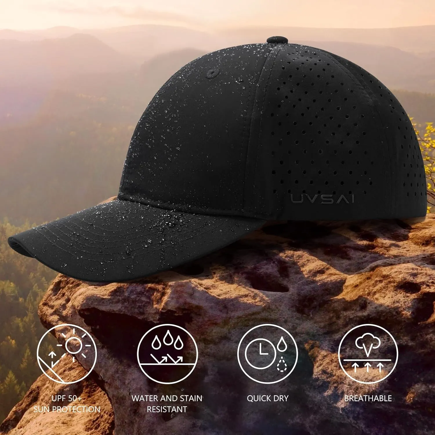 UPF 50  Performance Water Resistant Baseball Cap Lightweight Breathable Hat Golf Running Boat Hiking for Men Women