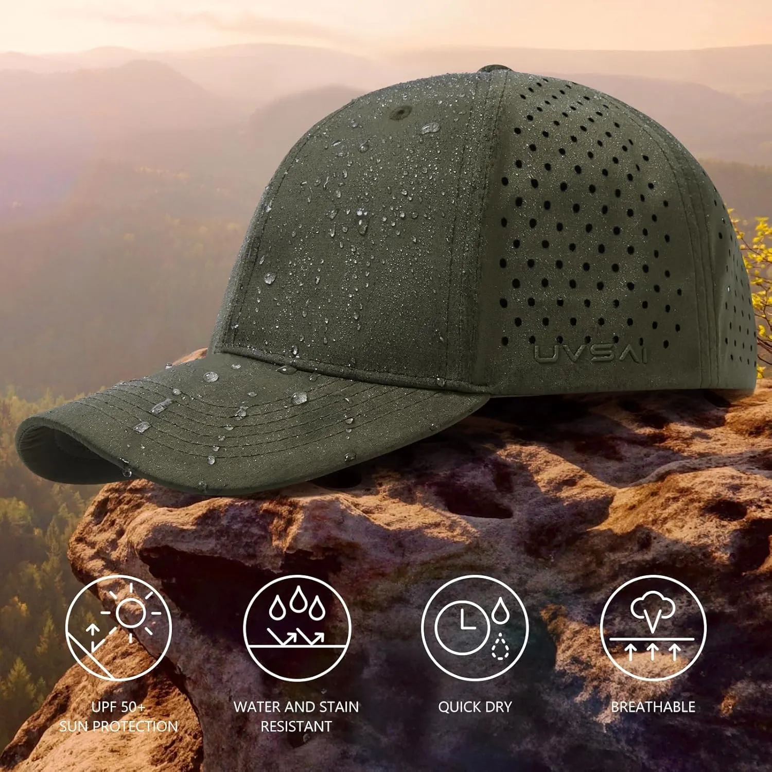 UPF 50  Performance Water Resistant Baseball Cap Lightweight Breathable Hat Golf Running Boat Hiking for Men Women