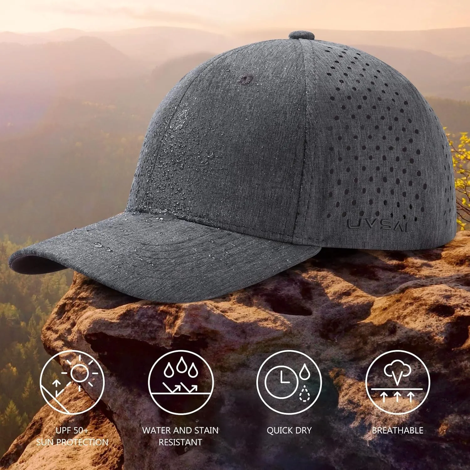 UPF 50  Performance Water Resistant Baseball Cap Lightweight Breathable Hat Golf Running Boat Hiking for Men Women