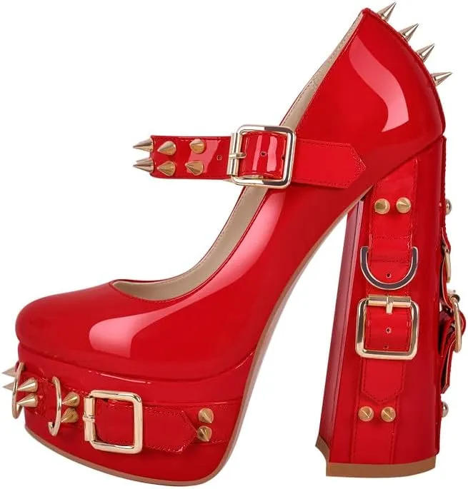VERISSON Gothic Mary Jane Pumps with 5.9'' Chunky Heels Grommets Rivets Buckle Belt Pump Shoes
