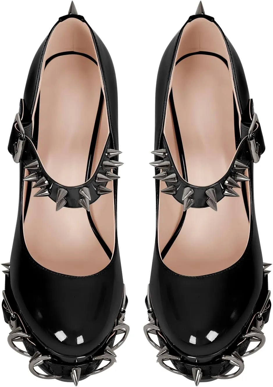 VERISSON Gothic Mary Jane Pumps with 5.9'' Chunky Heels Grommets Rivets Buckle Belt Pump Shoes