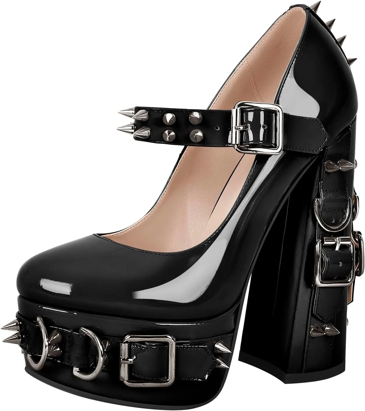 VERISSON Gothic Mary Jane Pumps with 5.9'' Chunky Heels Grommets Rivets Buckle Belt Pump Shoes