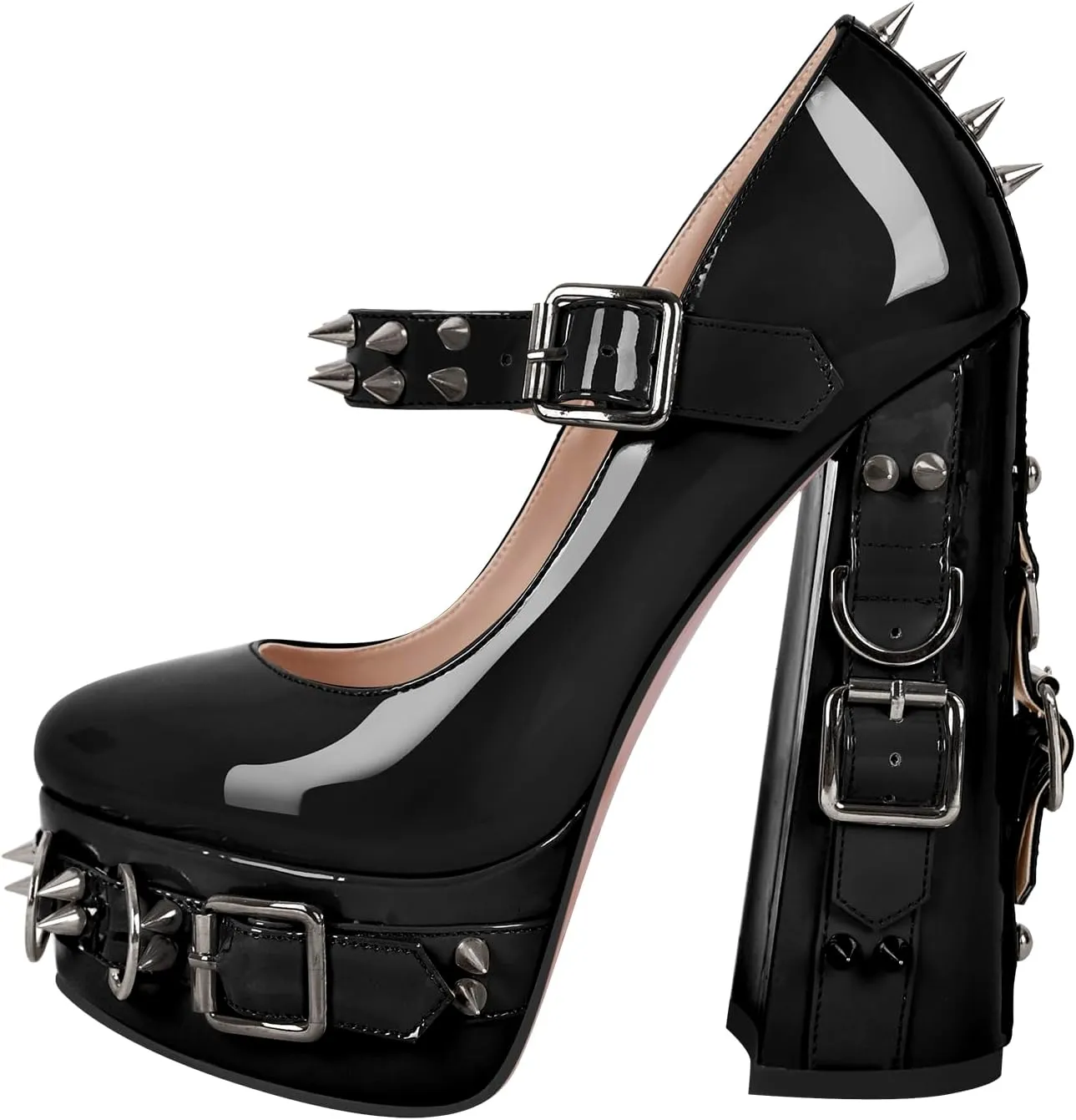VERISSON Gothic Mary Jane Pumps with 5.9'' Chunky Heels Grommets Rivets Buckle Belt Pump Shoes
