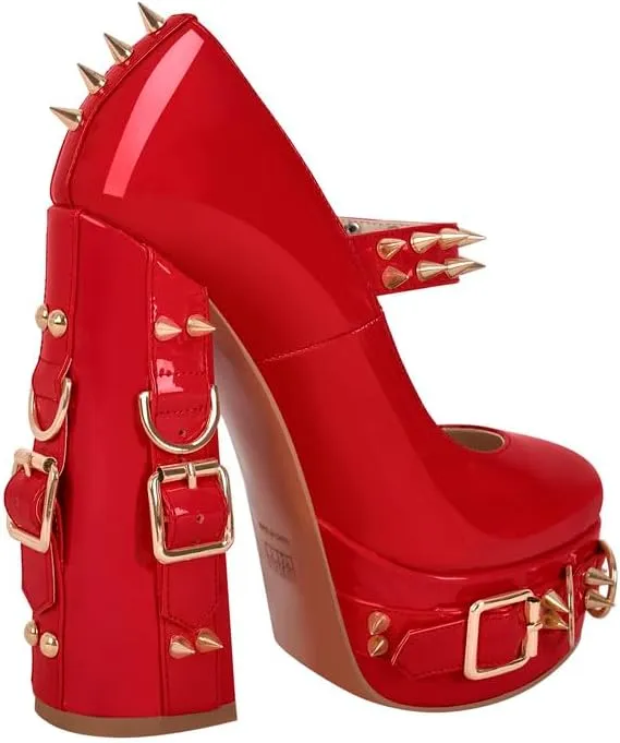VERISSON Gothic Mary Jane Pumps with 5.9'' Chunky Heels Grommets Rivets Buckle Belt Pump Shoes