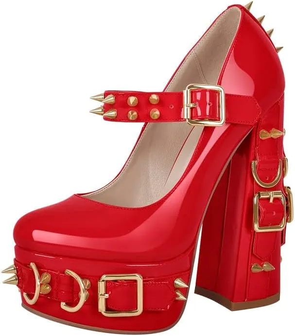 VERISSON Gothic Mary Jane Pumps with 5.9'' Chunky Heels Grommets Rivets Buckle Belt Pump Shoes