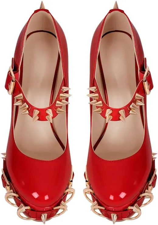 VERISSON Gothic Mary Jane Pumps with 5.9'' Chunky Heels Grommets Rivets Buckle Belt Pump Shoes