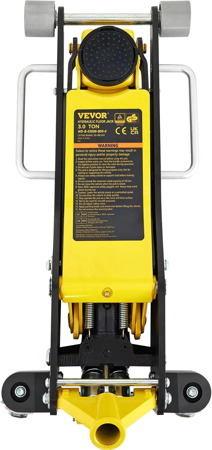 VEVOR 3 Ton Low Profile , Aluminum and Steel Racing Floor Jack with Dual Pistons Quick Lift Pump for Sport Utility Vehicle, Lifting Range 3-6/11"-19-11/16", yellow,black