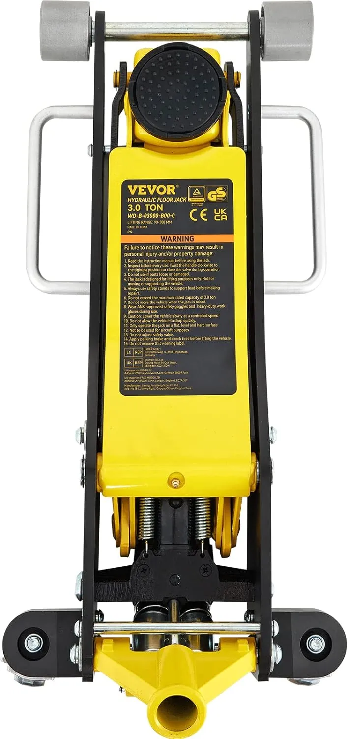 VEVOR 3 Ton Low Profile , Aluminum and Steel Racing Floor Jack with Dual Pistons Quick Lift Pump for Sport Utility Vehicle, Lifting Range 3-6/11"-19-11/16", yellow,black