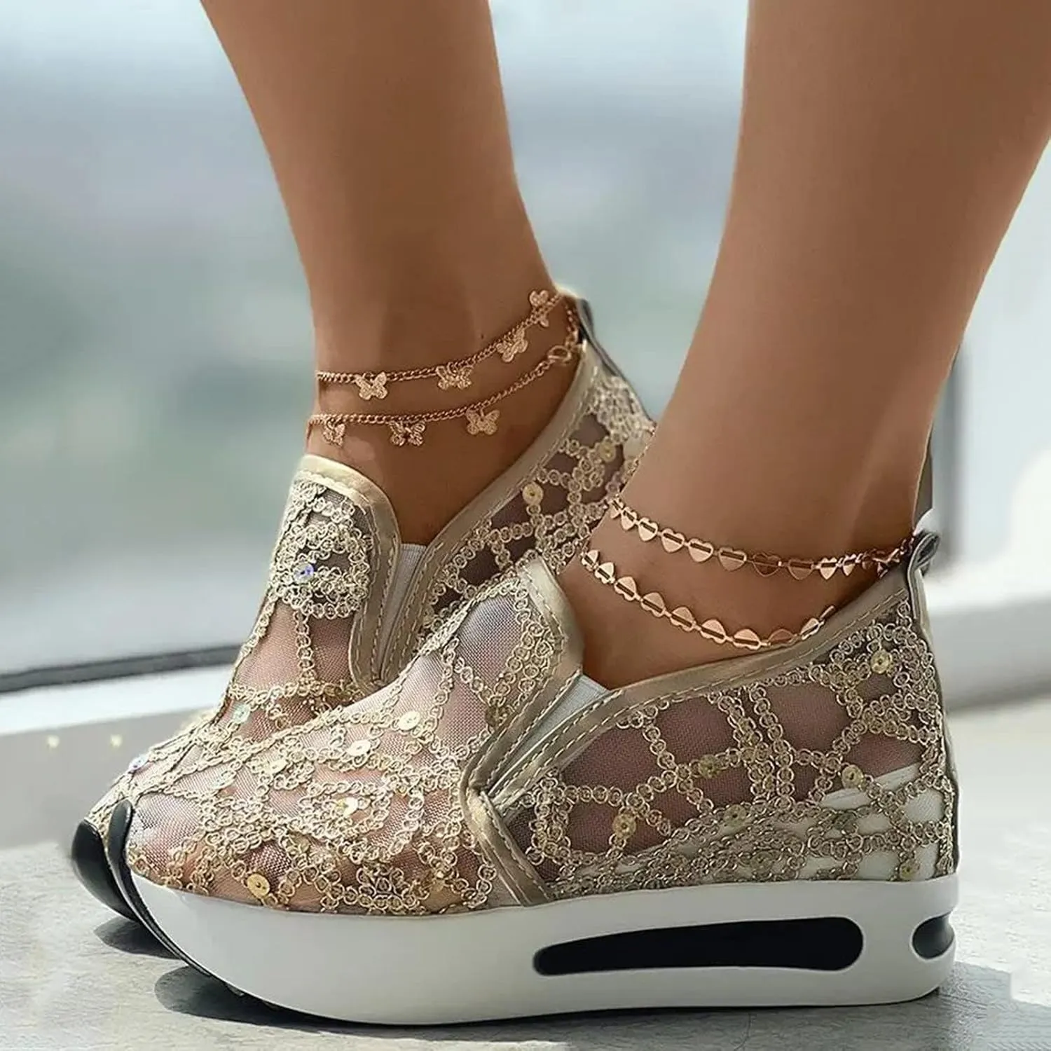 Wedge Tennis Shoes for Women,Bling Sneakers for Women,Floral Embroidery Breathable Sheer Mesh Sneakers 2025,Platform Fashion Dressy Sneakers,Casual Shoes Walking Sneakers
