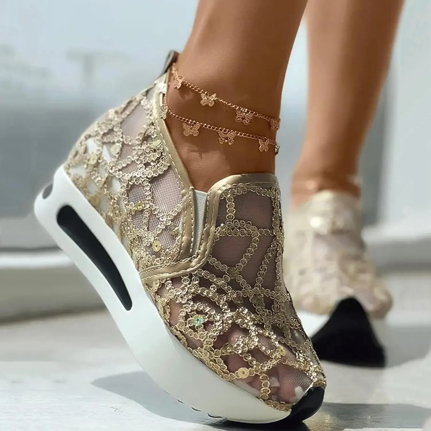 Wedge Tennis Shoes for Women,Bling Sneakers for Women,Floral Embroidery Breathable Sheer Mesh Sneakers 2025,Platform Fashion Dressy Sneakers,Casual Shoes Walking Sneakers