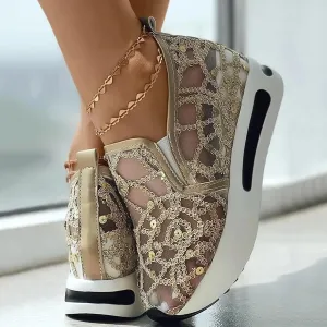 Wedge Tennis Shoes for Women,Bling Sneakers for Women,Floral Embroidery Breathable Sheer Mesh Sneakers 2025,Platform Fashion Dressy Sneakers,Casual Shoes Walking Sneakers