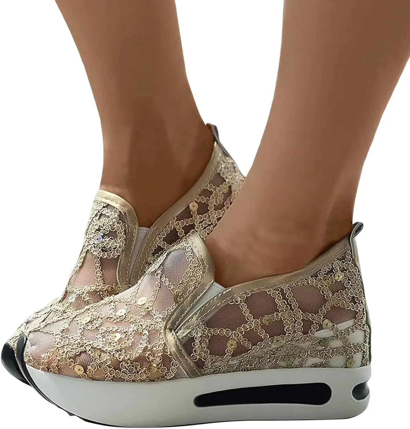 Wedge Tennis Shoes for Women,Bling Sneakers for Women,Floral Embroidery Breathable Sheer Mesh Sneakers 2025,Platform Fashion Dressy Sneakers,Casual Shoes Walking Sneakers