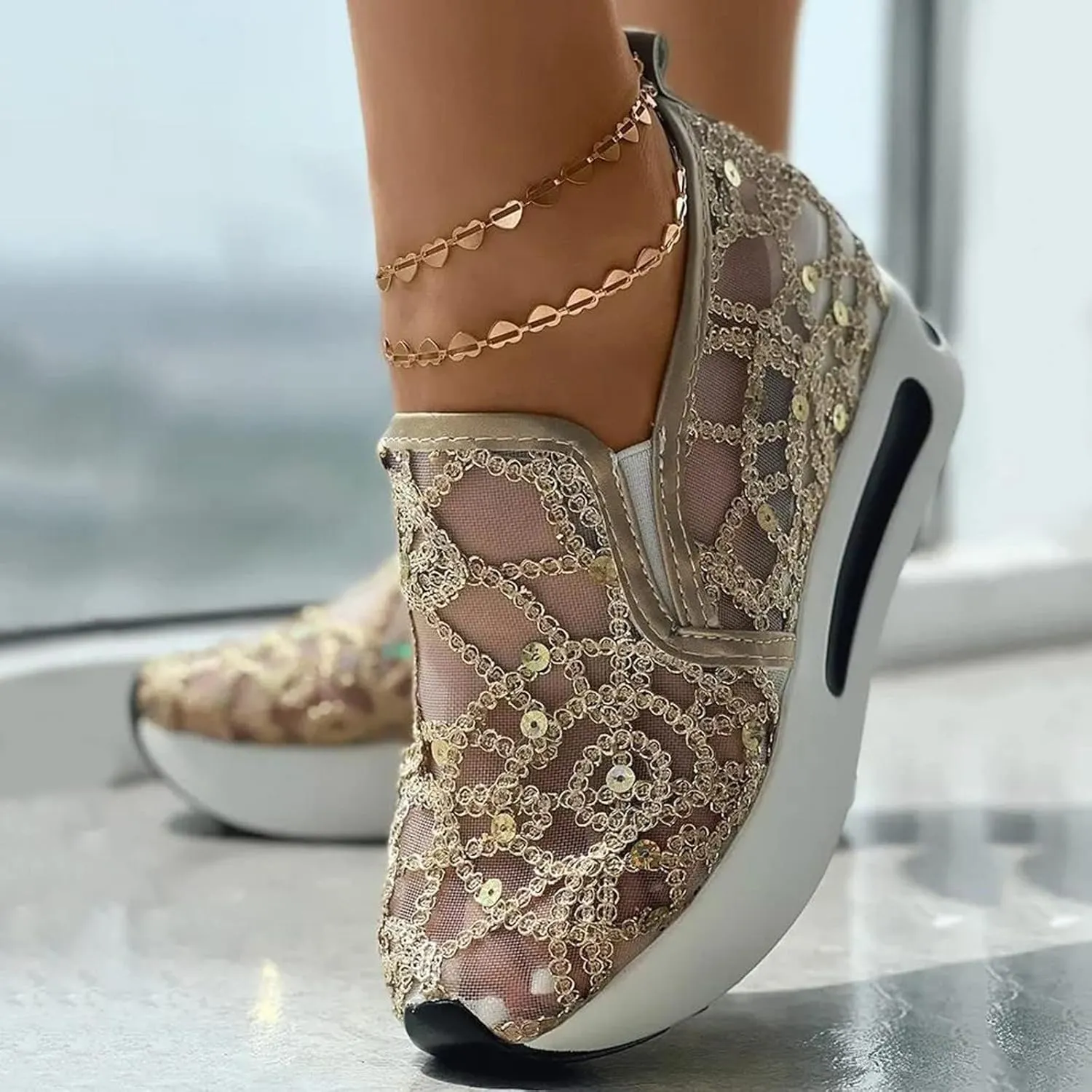 Wedge Tennis Shoes for Women,Bling Sneakers for Women,Floral Embroidery Breathable Sheer Mesh Sneakers 2025,Platform Fashion Dressy Sneakers,Casual Shoes Walking Sneakers