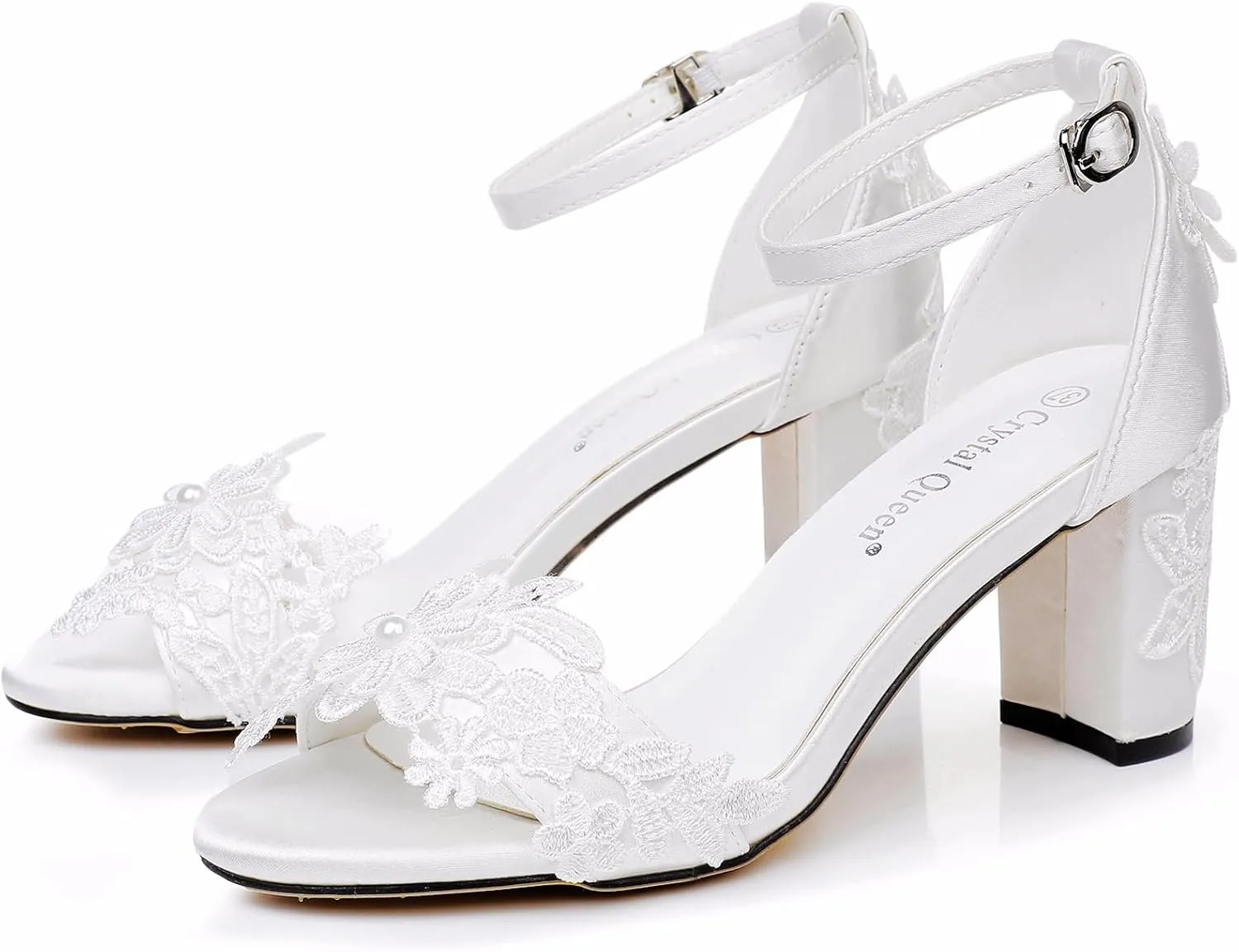 White Bridal Shoes Open Toe Mid Block Heel Sandals Lace Flower Satin Ankle Strap Comfortable Wedding Dress Shoes Sandals Women Chunky Heel Sandals