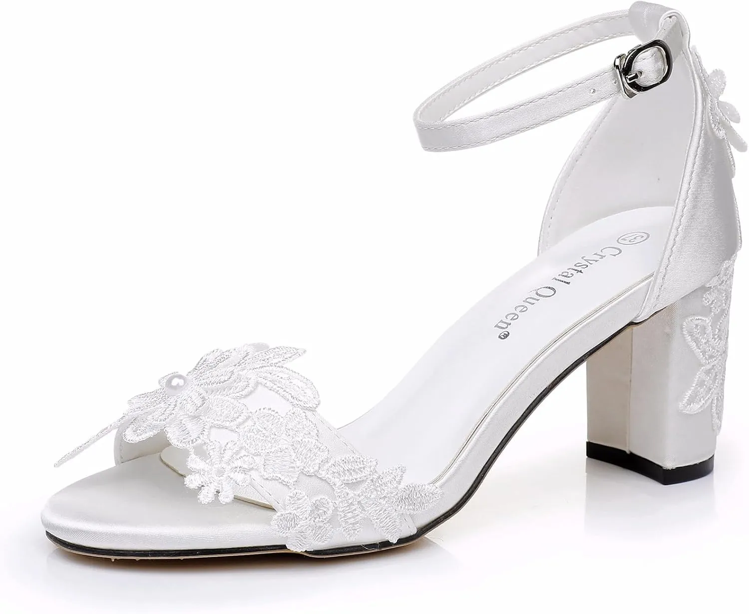 White Bridal Shoes Open Toe Mid Block Heel Sandals Lace Flower Satin Ankle Strap Comfortable Wedding Dress Shoes Sandals Women Chunky Heel Sandals