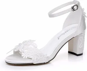 White Bridal Shoes Open Toe Mid Block Heel Sandals Lace Flower Satin Ankle Strap Comfortable Wedding Dress Shoes Sandals Women Chunky Heel Sandals