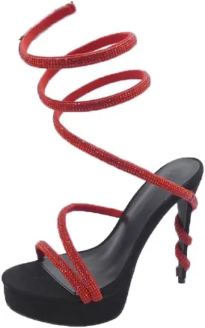 Wild Diva Women's Liz-34 Rhinestone Wrap Around Coil Spiral Embellished Straps & Heels Platform Stiletto Heels Sandals
