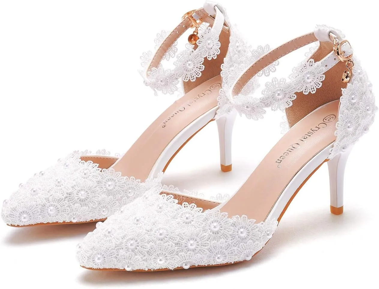 Women High Heels Sandals White Lace Pearls Wedding Shoes Pointed Toe Bridal Shoes