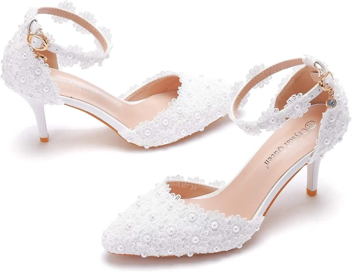 Women High Heels Sandals White Lace Pearls Wedding Shoes Pointed Toe Bridal Shoes
