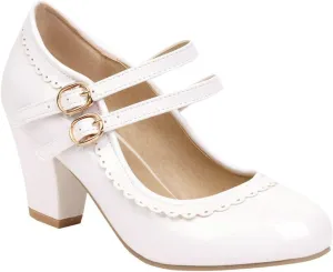 Women Round Toe Mary Jane Pumps Chunky Block High Heel Double Ankle Strap Sweet Dress Dating Shoes