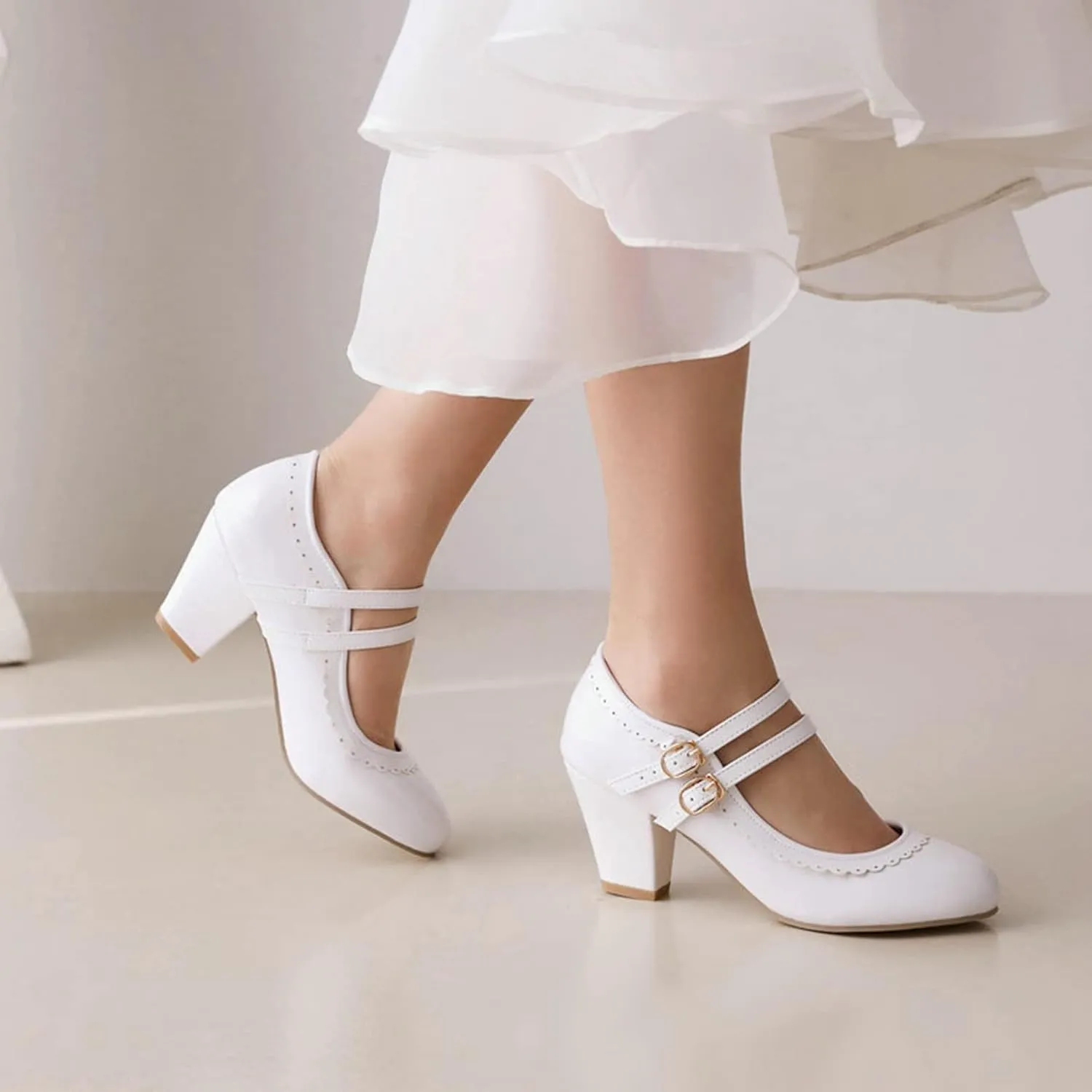 Women Round Toe Mary Jane Pumps Chunky Block High Heel Double Ankle Strap Sweet Dress Dating Shoes