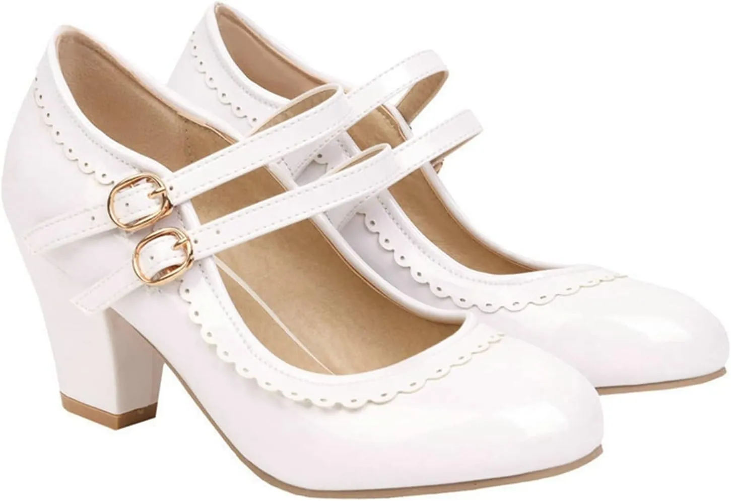 Women Round Toe Mary Jane Pumps Chunky Block High Heel Double Ankle Strap Sweet Dress Dating Shoes