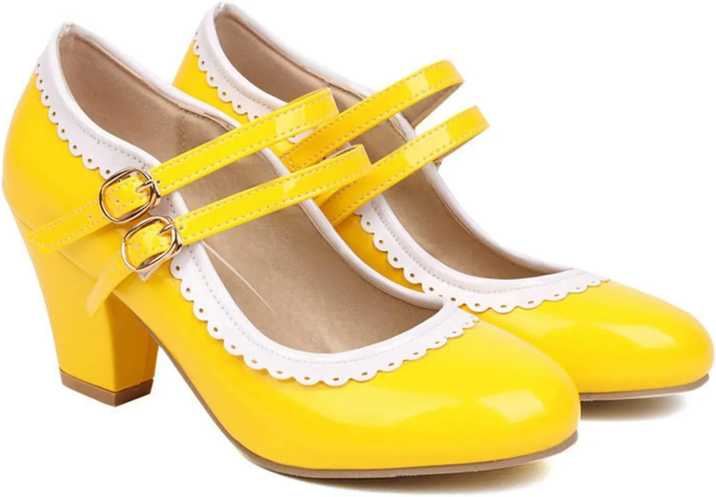 Women Round Toe Mary Jane Pumps Chunky Block High Heel Double Ankle Strap Sweet Dress Dating Shoes