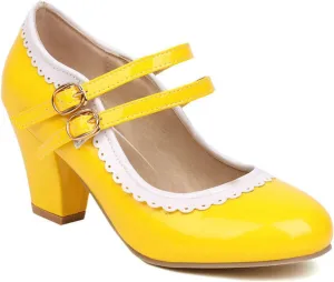 Women Round Toe Mary Jane Pumps Chunky Block High Heel Double Ankle Strap Sweet Dress Dating Shoes