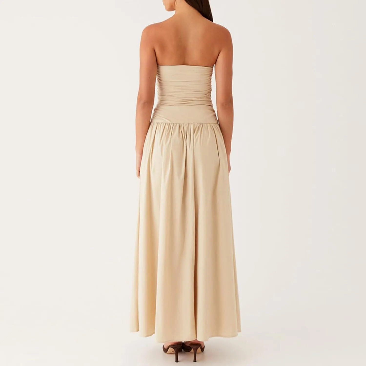 Women Sexy Strapless Maxi Dress Elegant Tube Long Dress Ruched Boat Neck Backless Sleeveless Flowy Sun Dresses