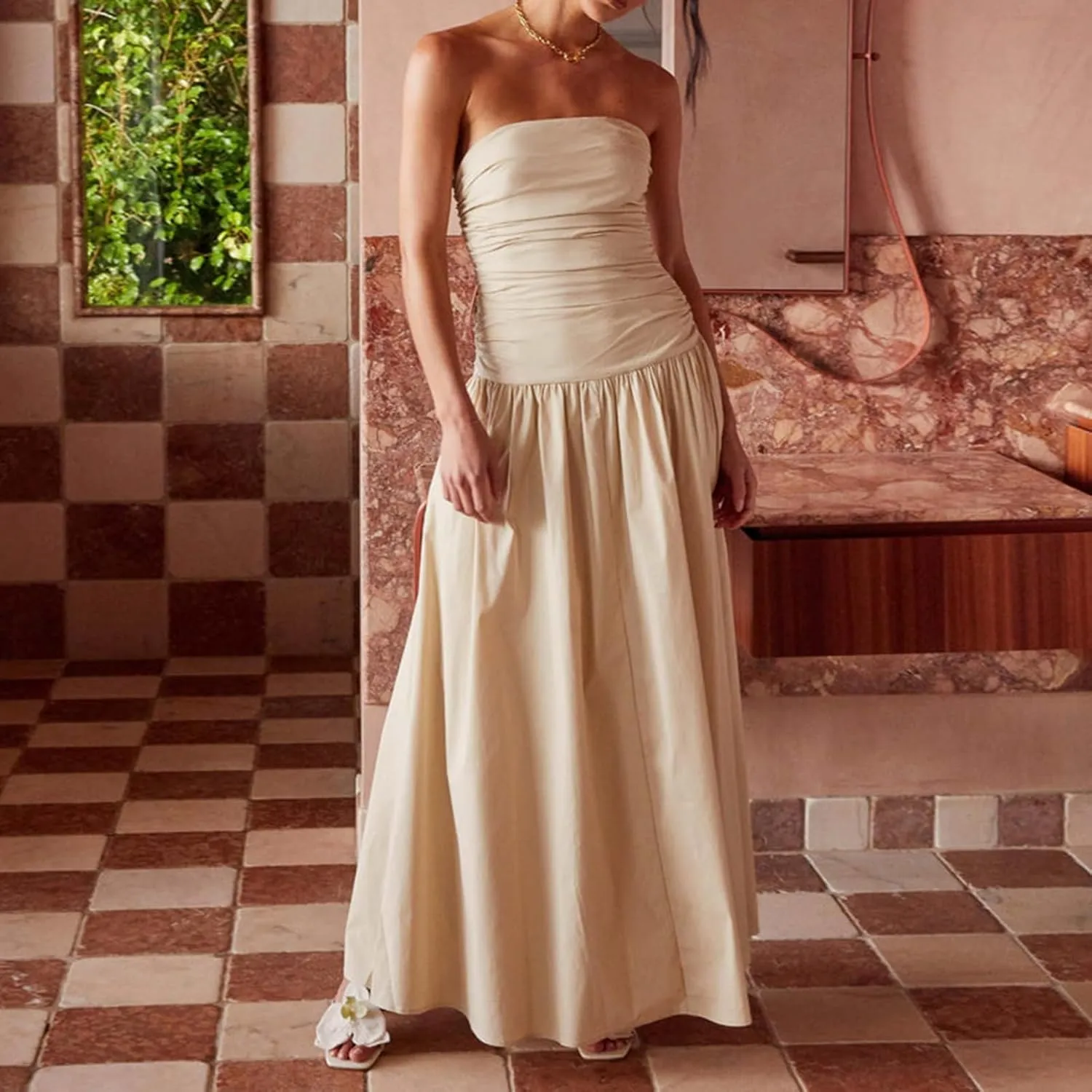 Women Sexy Strapless Maxi Dress Elegant Tube Long Dress Ruched Boat Neck Backless Sleeveless Flowy Sun Dresses