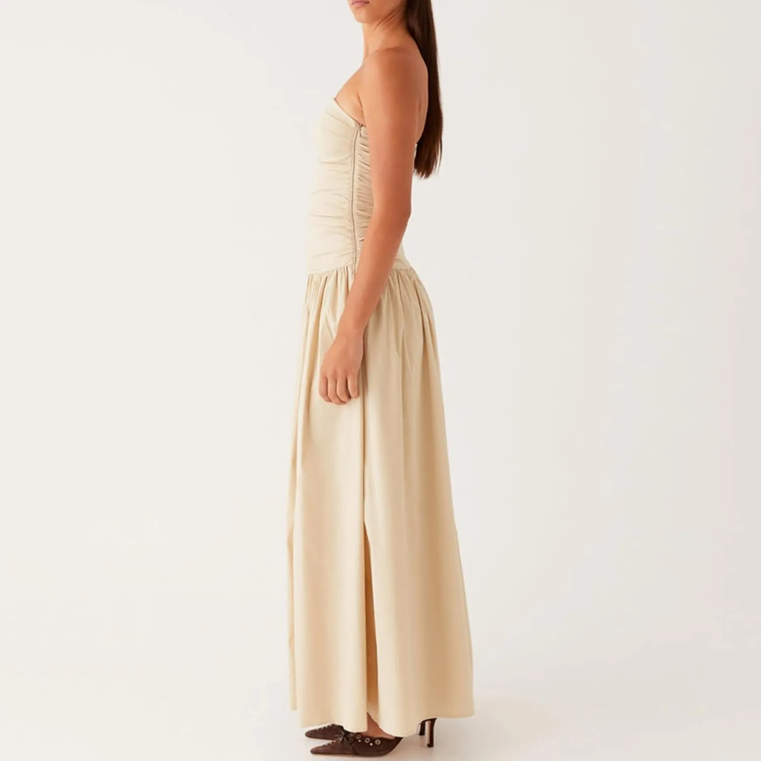 Women Sexy Strapless Maxi Dress Elegant Tube Long Dress Ruched Boat Neck Backless Sleeveless Flowy Sun Dresses