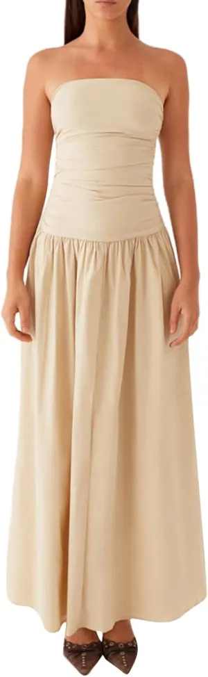 Women Sexy Strapless Maxi Dress Elegant Tube Long Dress Ruched Boat Neck Backless Sleeveless Flowy Sun Dresses