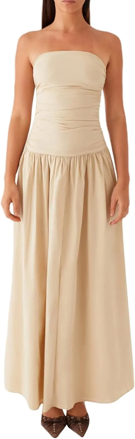 Women Sexy Strapless Maxi Dress Elegant Tube Long Dress Ruched Boat Neck Backless Sleeveless Flowy Sun Dresses