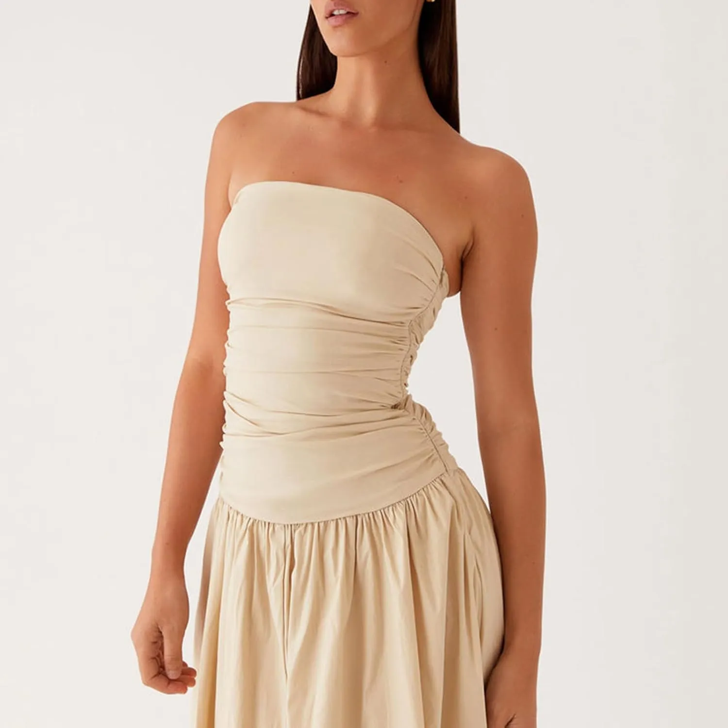 Women Sexy Strapless Maxi Dress Elegant Tube Long Dress Ruched Boat Neck Backless Sleeveless Flowy Sun Dresses