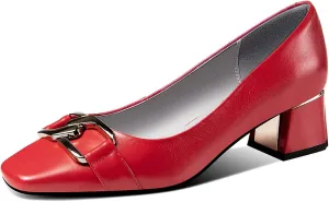 Women's Genuine Leather Handmade Slip On Block Heel Square Toe Pump Shoes with Unique Metal Pattern