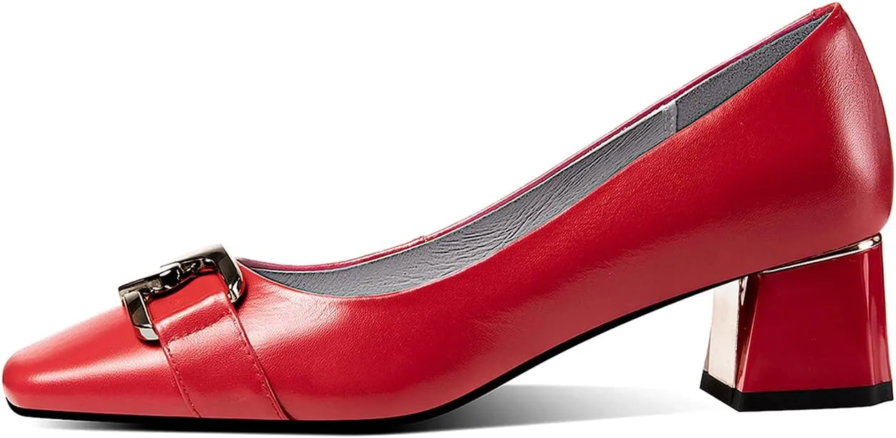 Women's Genuine Leather Handmade Slip On Block Heel Square Toe Pump Shoes with Unique Metal Pattern