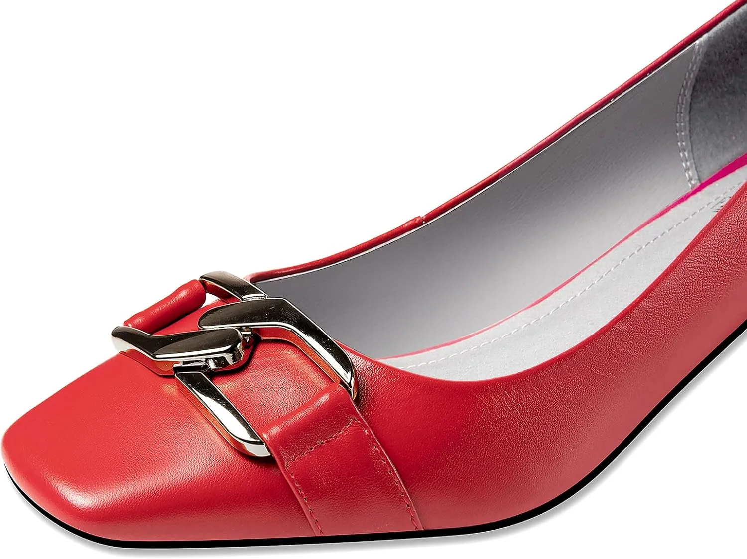 Women's Genuine Leather Handmade Slip On Block Heel Square Toe Pump Shoes with Unique Metal Pattern