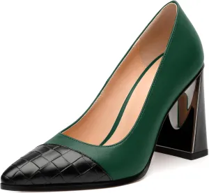 Women's High Heel Pumps, Pointed Toe Chunky Heel for Women, Leather Insole Upper Splicing Dressy 3.5" Pump