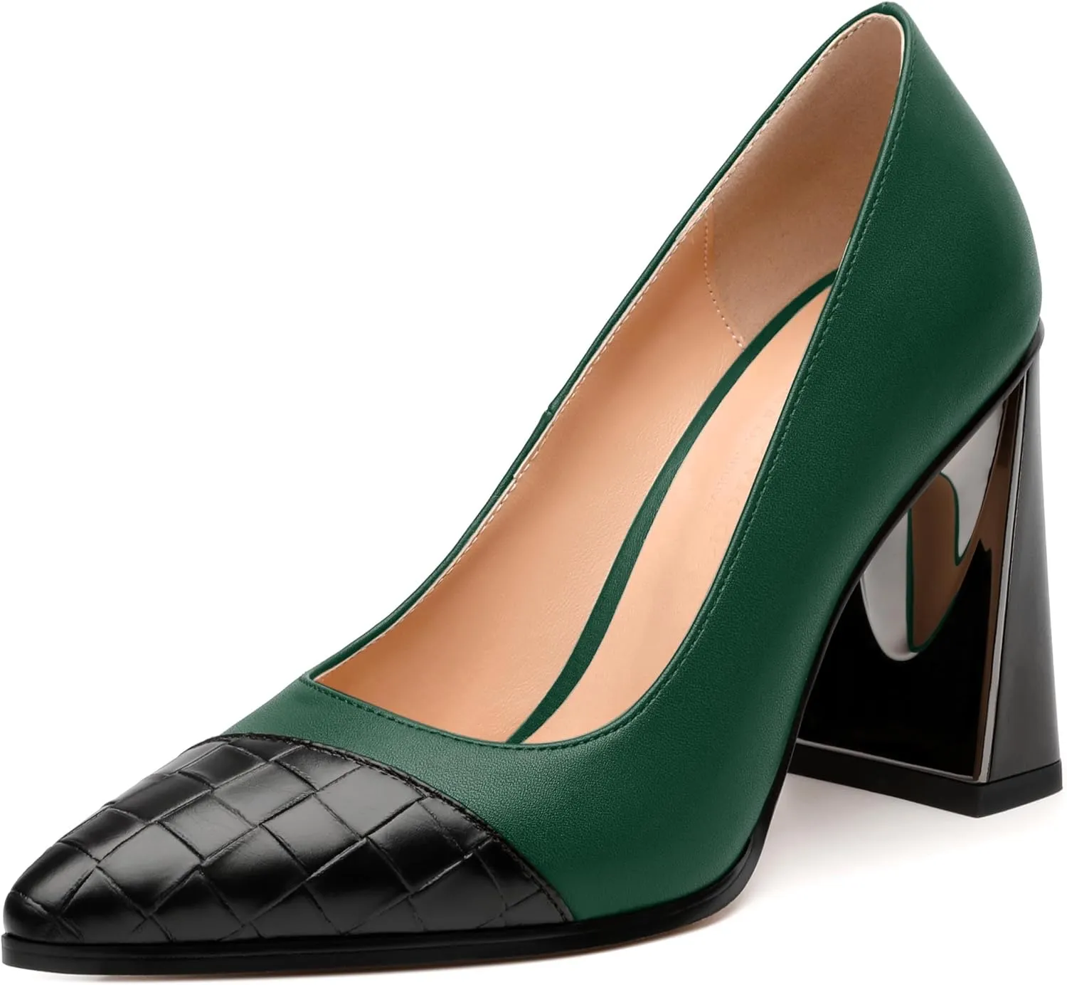 Women's High Heel Pumps, Pointed Toe Chunky Heel for Women, Leather Insole Upper Splicing Dressy 3.5" Pump